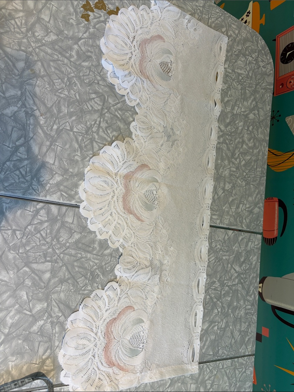 60” long x 12” White Lace Trim with Scalloped Floral Edge window panel